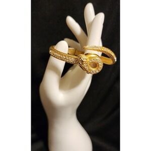 Vtg Lucida Quartz Gold Tone Rhinestone Snake Bypass Bangle Bracelet Watch READ
